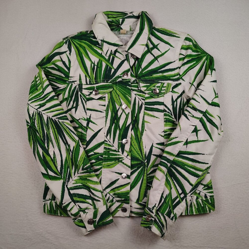 Michael Kors Denim Jacket Womens 4 White Green Palm Leaf Print